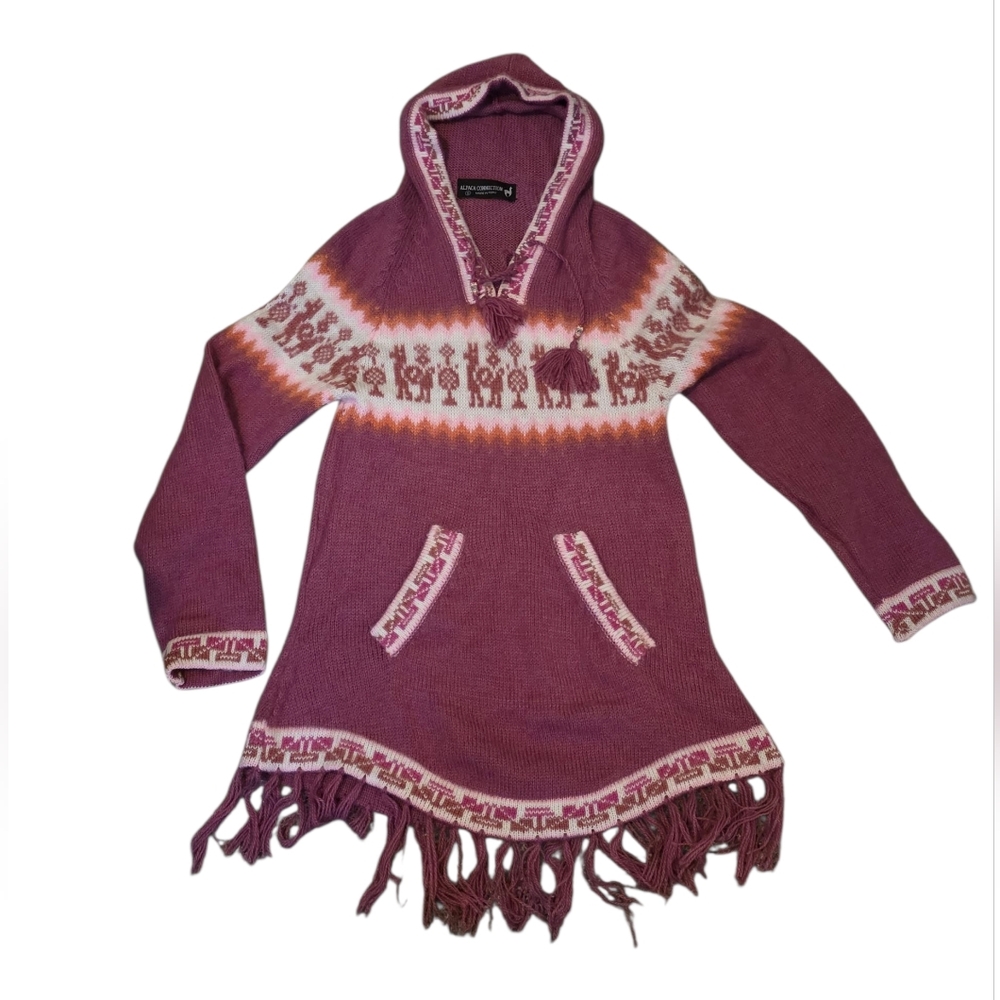 Alpaca Connection Fringe Lace Up Sweater Hoodie Alpaca, Wool, Acrylic Blend Sz S